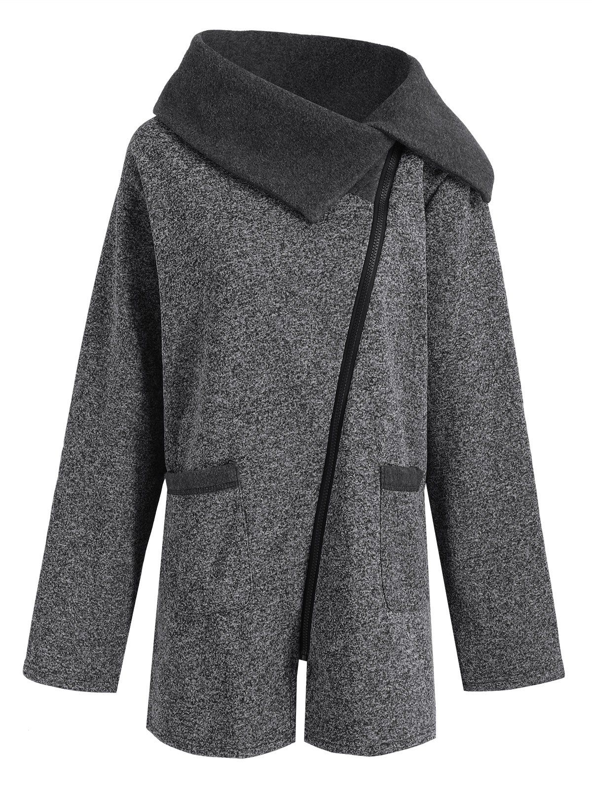 

Plus Size Fleece Oblique Zipper Turn Down Hoodie, Grey and dark grey