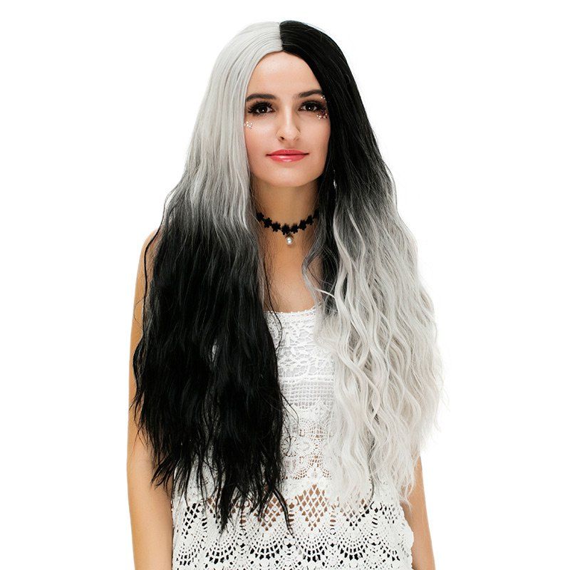 

Long Middle Ombre Two Tone Natural Wavy Synthetic Party Wig, White and black