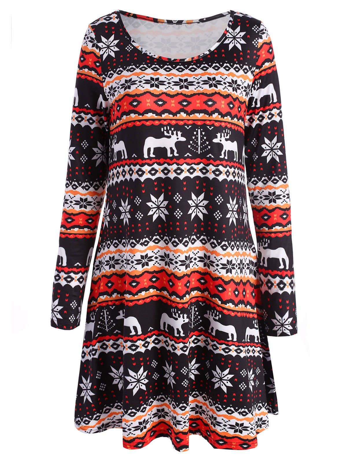 

Long Sleeve Christmas Elk Snowflake Shift Dress, Colormix