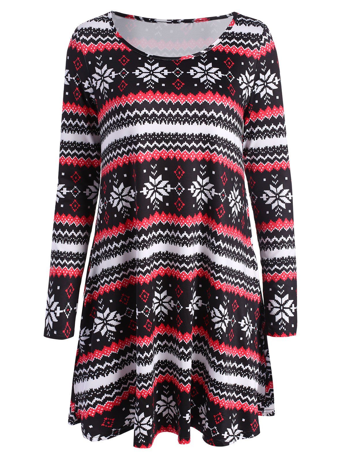 

Long Sleeve Snowflake and Geometric Print Dress, Colormix