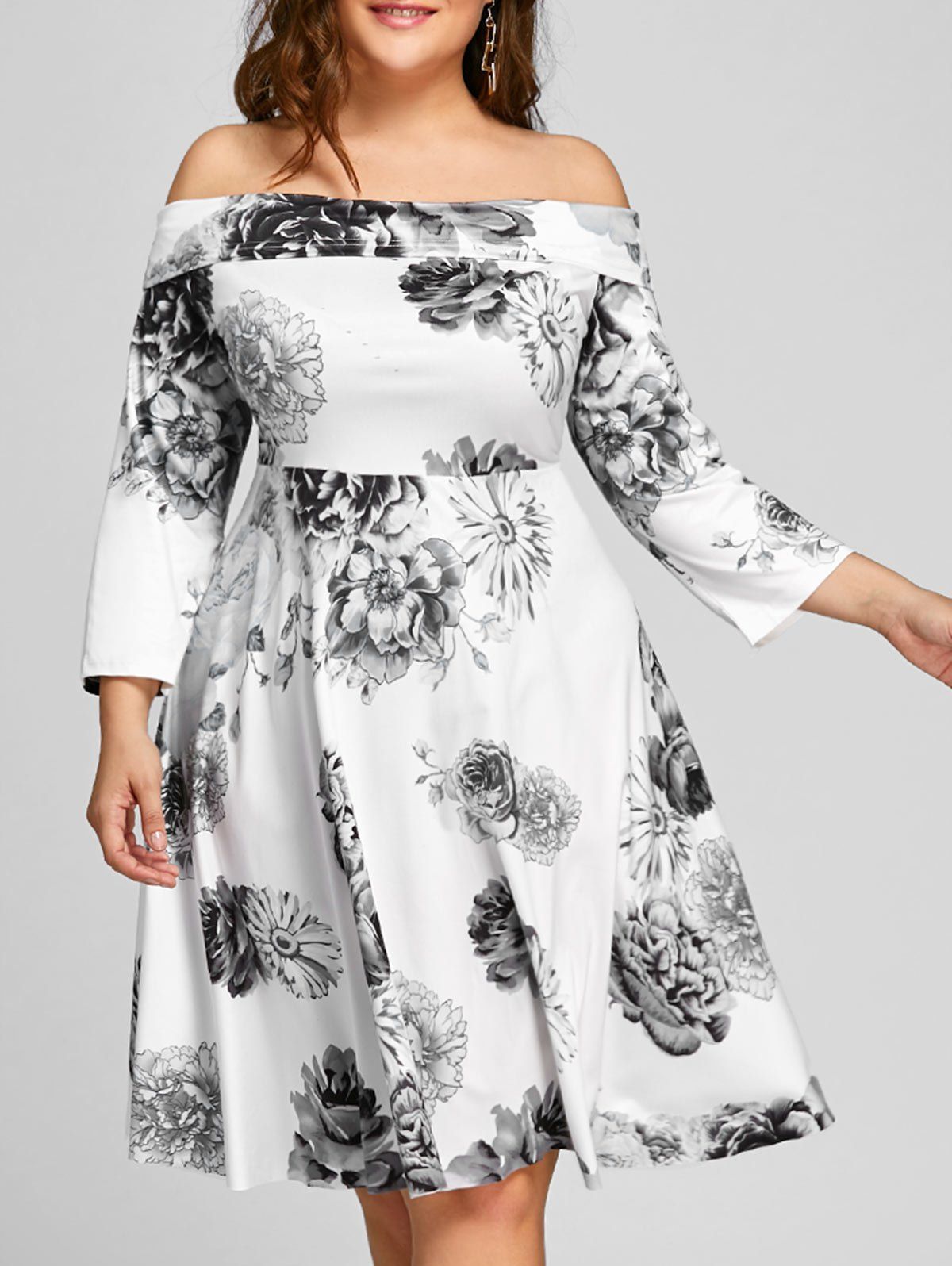 

Plus Size Off The Shoulder Floral Print Dress, White