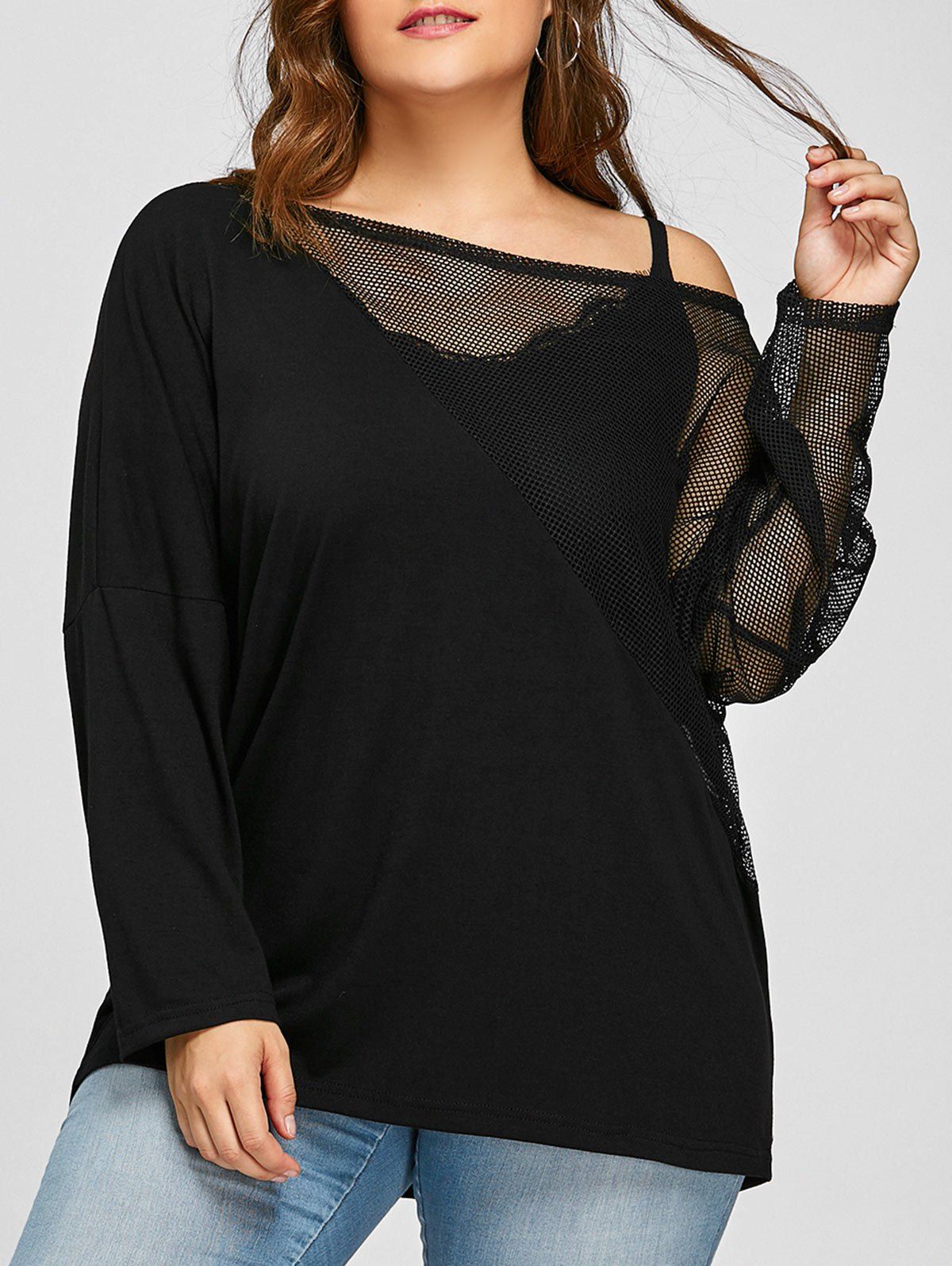 

Plus Size Sheer Mesh Panel Batwing Sleeve Tee, Black