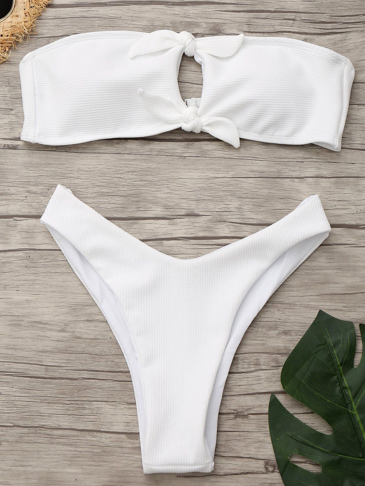 

Knotted Strapless Ribbed Bikini Set, White