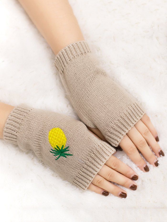 

Halloween Funny Pineapple Embroidery Fingerless Knitted Gloves, Beige