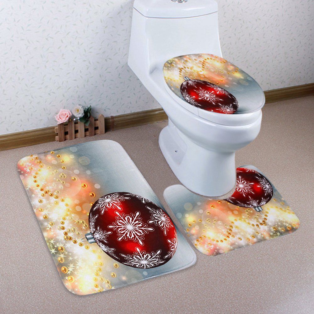 

3Pcs Christmas Ball Print Bath Toilet Mats Set, Colormix