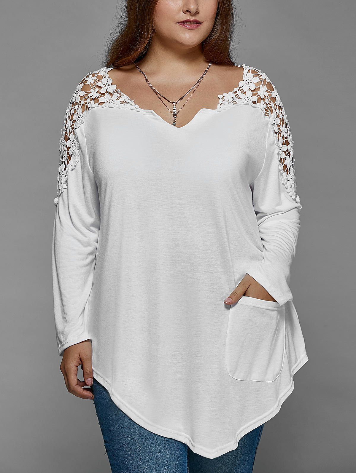 Plus Size Lace Insert Long Sleeve Tunic T-Shirt - WHITE XL