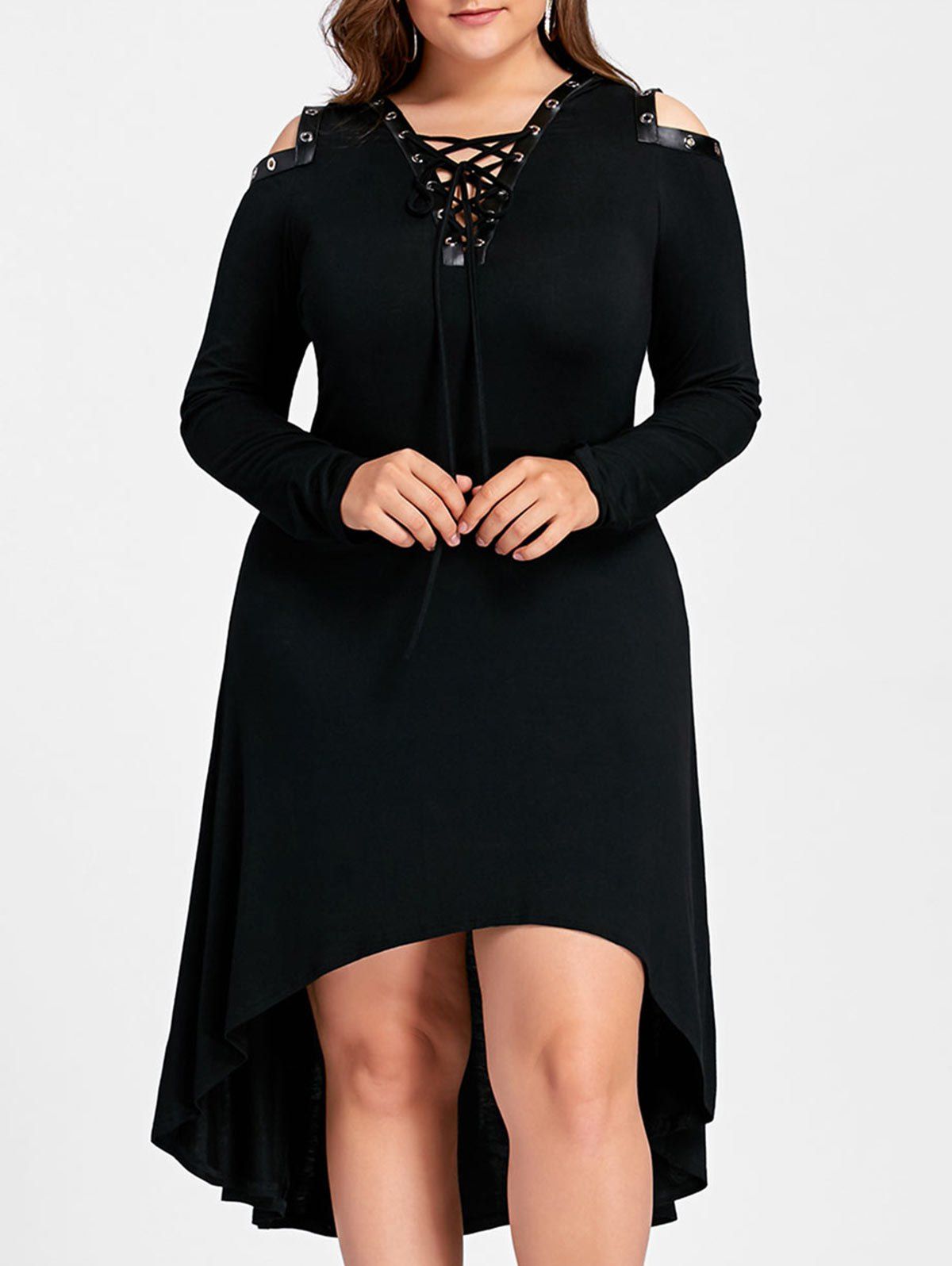 

Plus Size Cold Shoulder High Low Midi Dress, Black