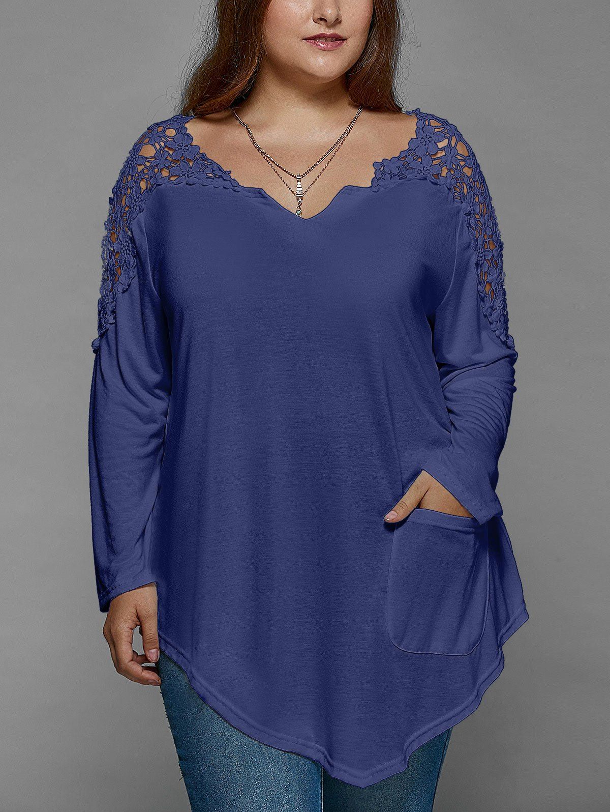 

Plus Size Lace Insert Long Sleeve Tunic T-Shirt, Blue violet