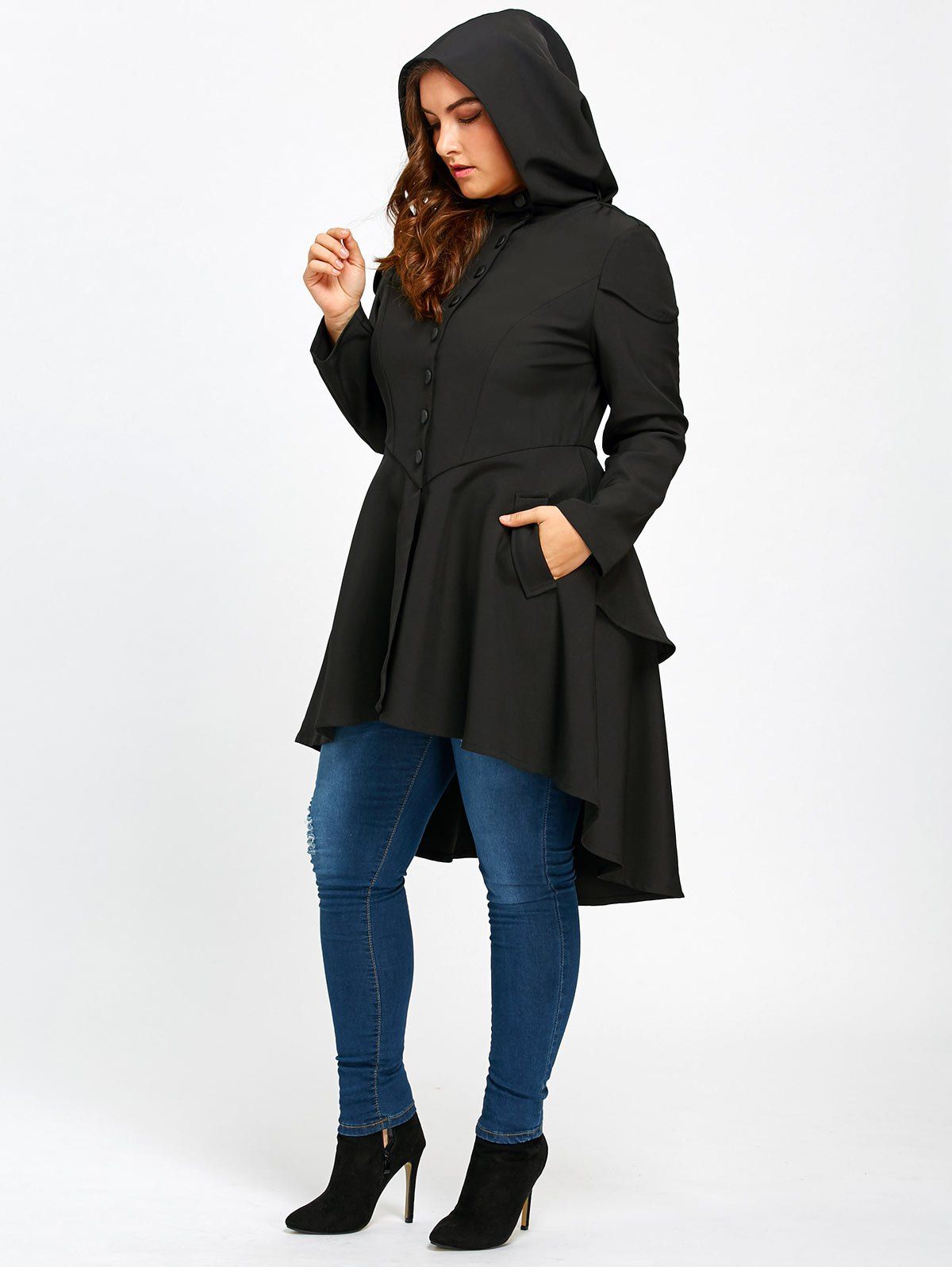 2017 Plus Size Lace Up High Low Hooded Coat BLACK XL In Plus Size