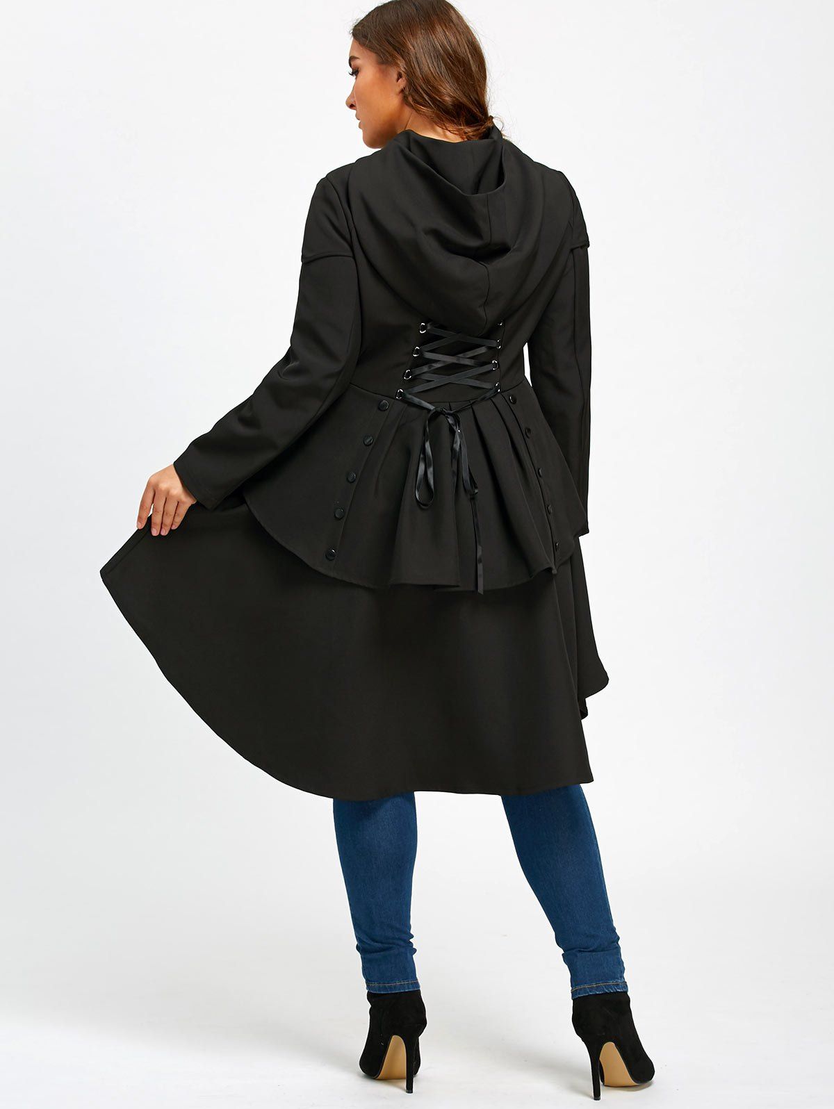 2019 hooded plus size lace up high low coat