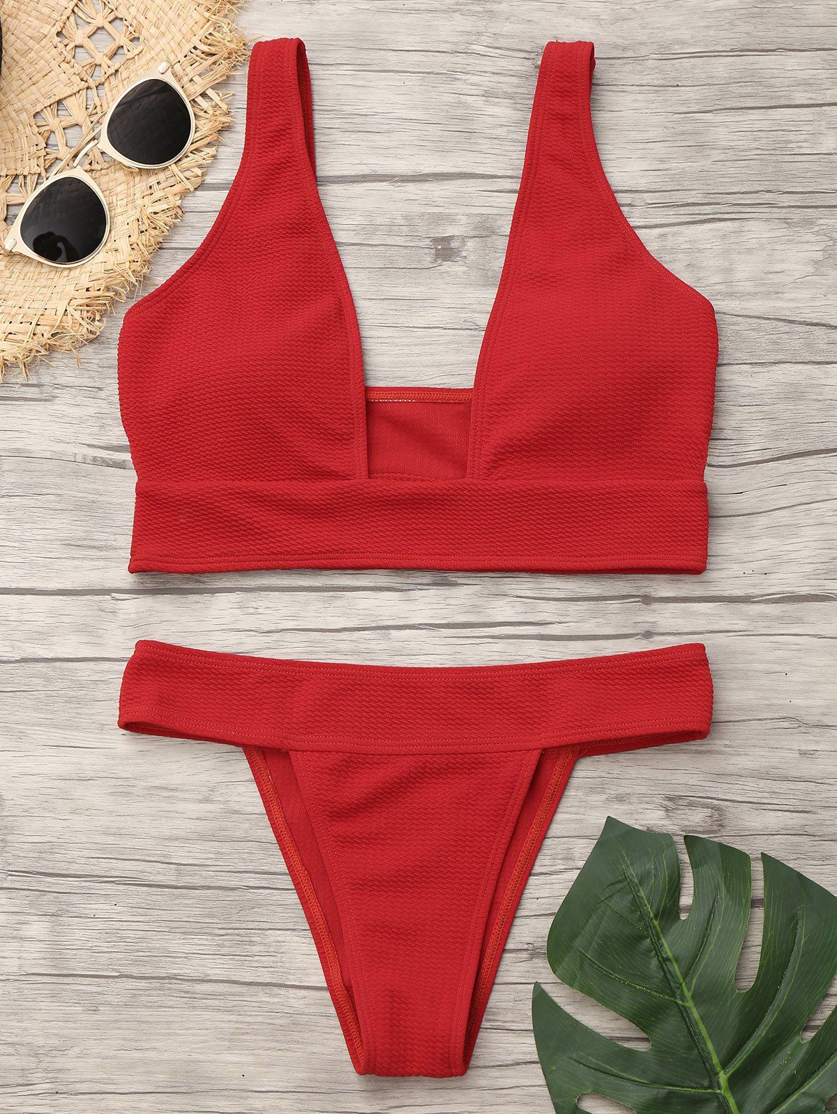 

Plunge Neck Low Waist Bikini, Red