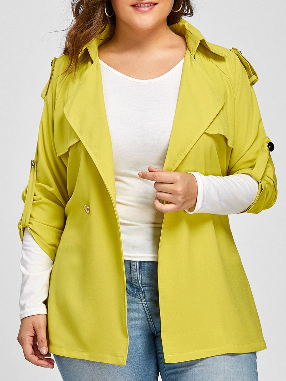 

Plus Size Raglan Sleeve Lapel Belted Jacket, Fluorescent yellow