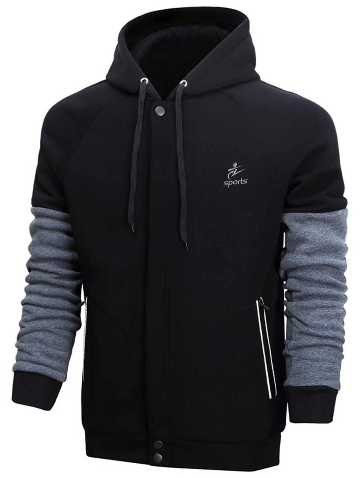 

Cover Placket Color Block Fleece Hoodie, Black
