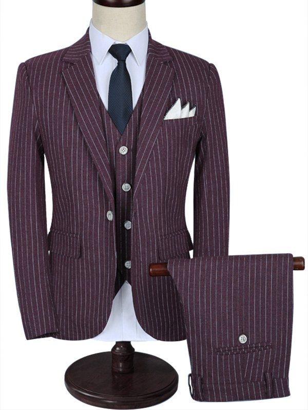 

One Button Pinstripe Three Piece Business Suit, Wine red