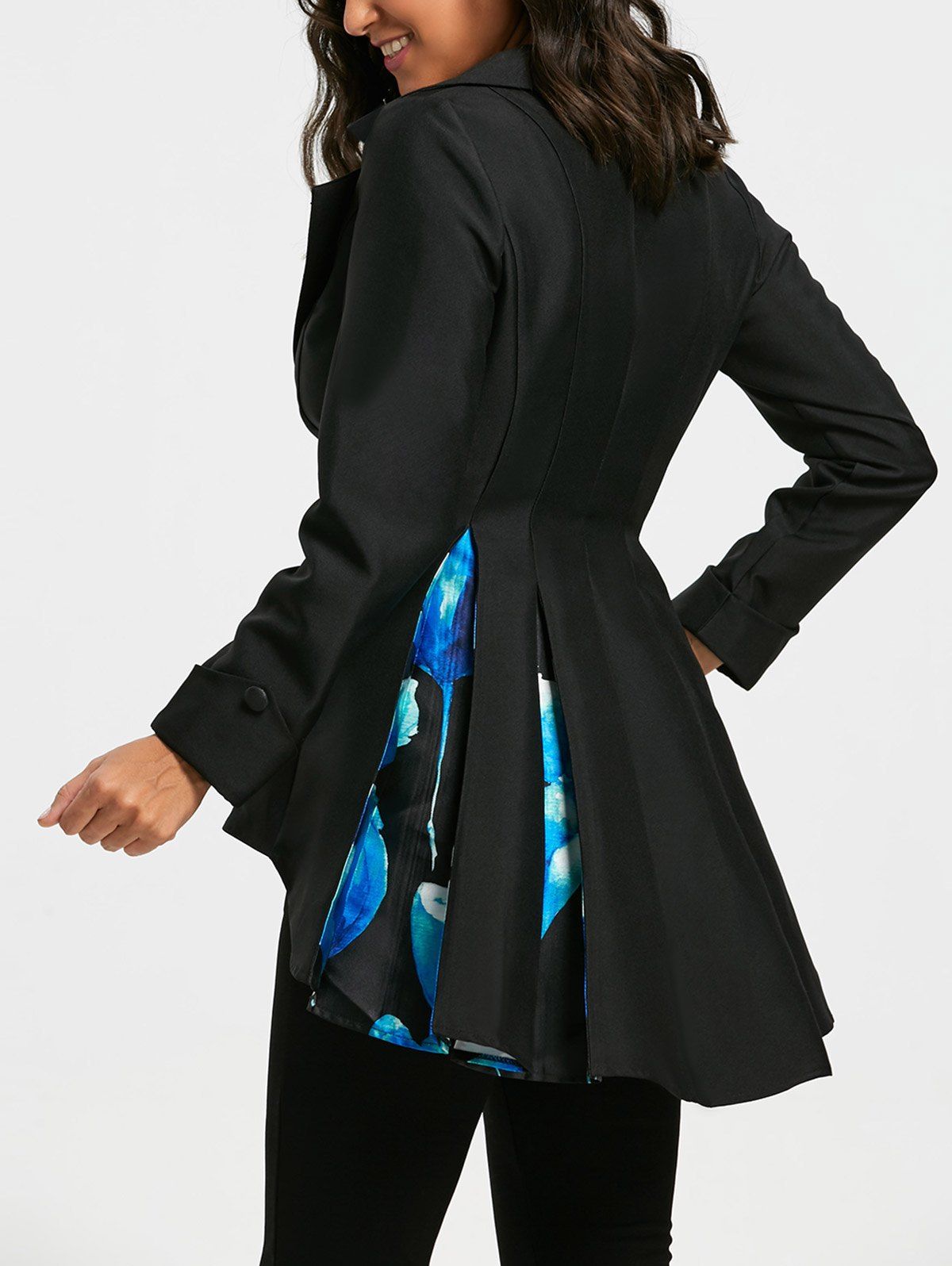 

High Low Floral Print Skirted Blazer, Black