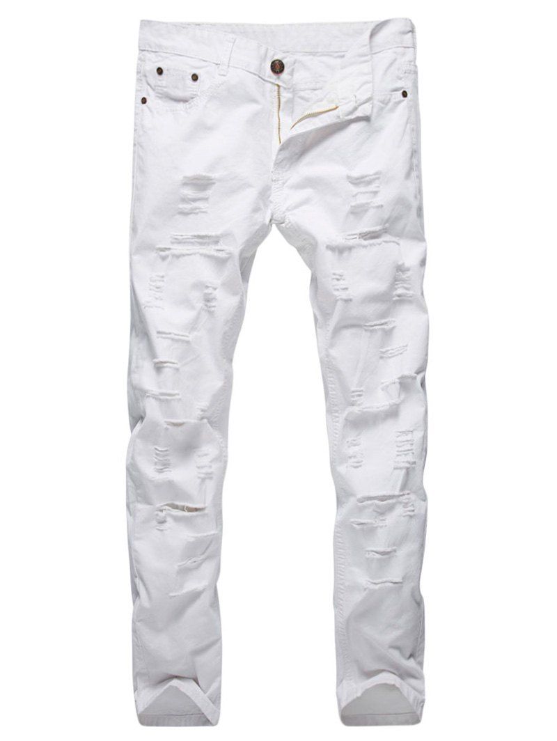 

Straight Leg Zipper Fly Distressed Pants, White