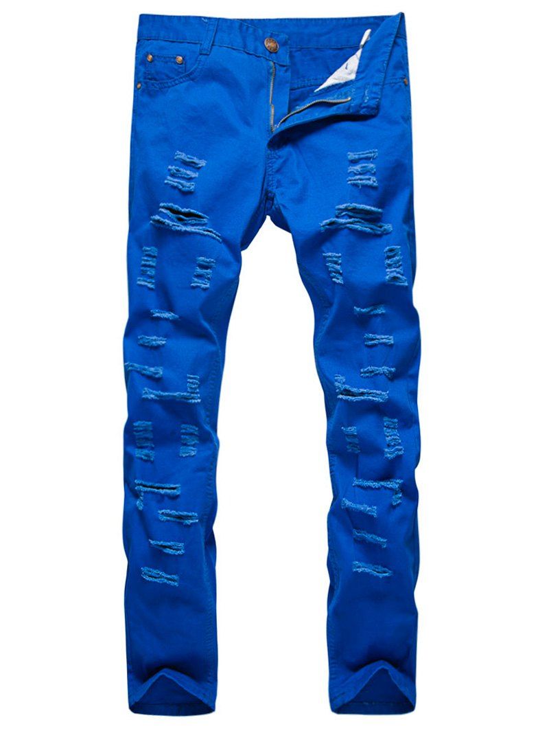 

Straight Leg Zipper Fly Distressed Pants, Royal
