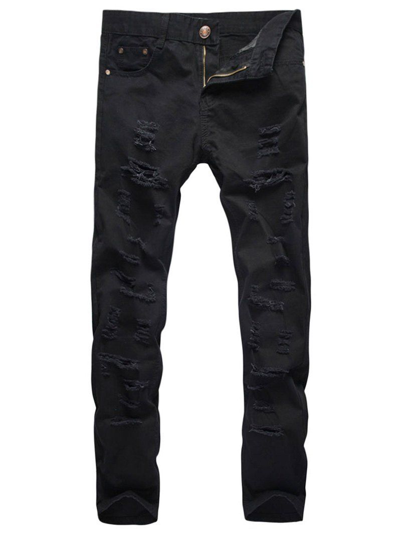 

Straight Leg Zipper Fly Distressed Pants, Black