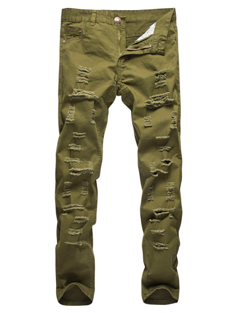 

Straight Leg Zipper Fly Distressed Pants, Army green