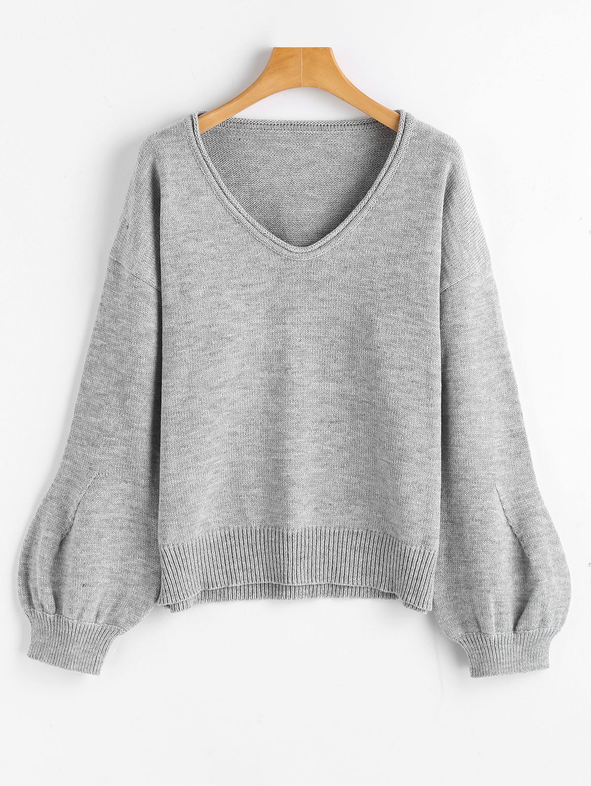 

V Neck Lantern Sleeve Oversized Sweater, Gray