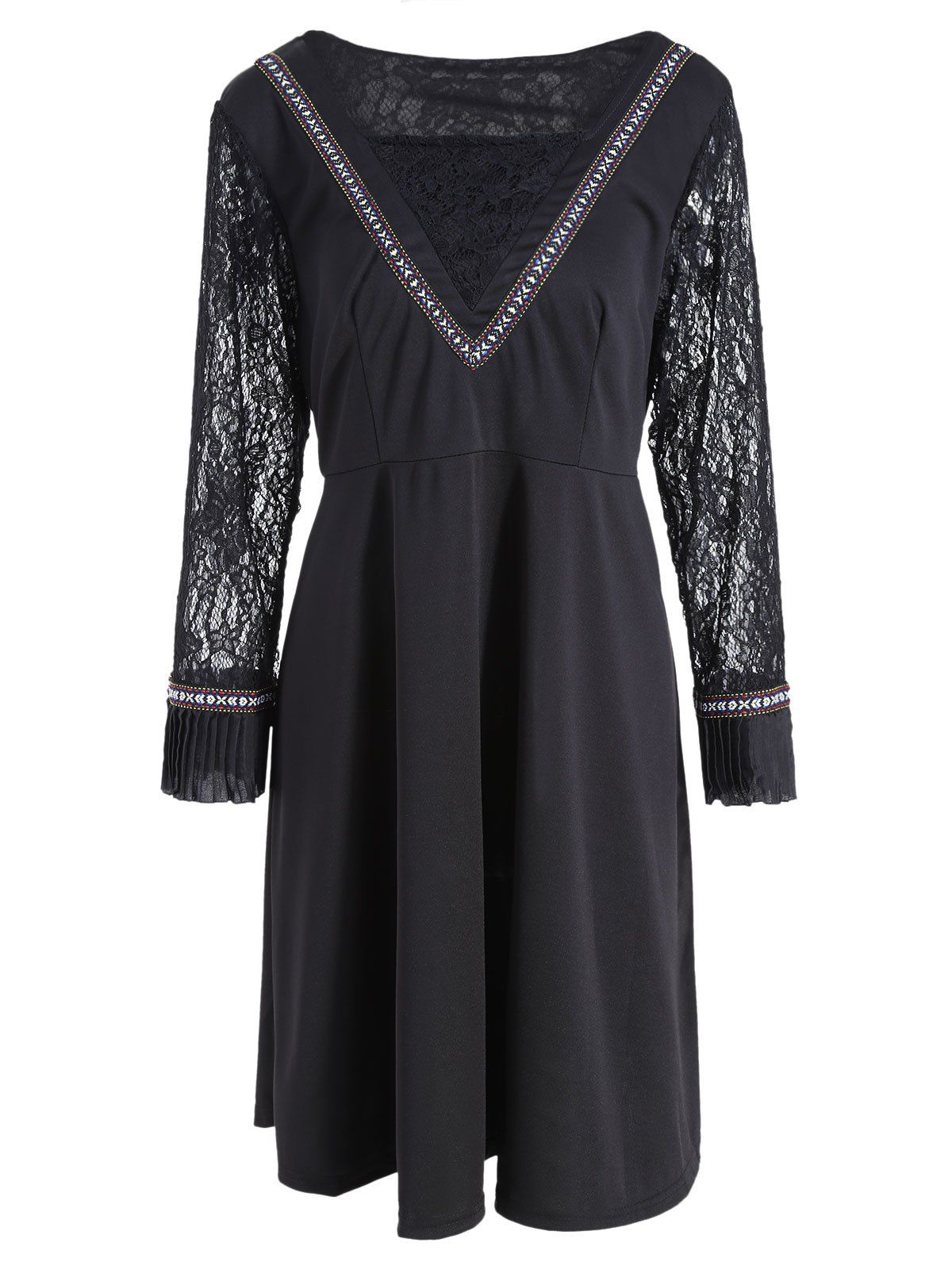 

Lace Panel Bell Sleeve Plus Size Knee Length Dress, Black