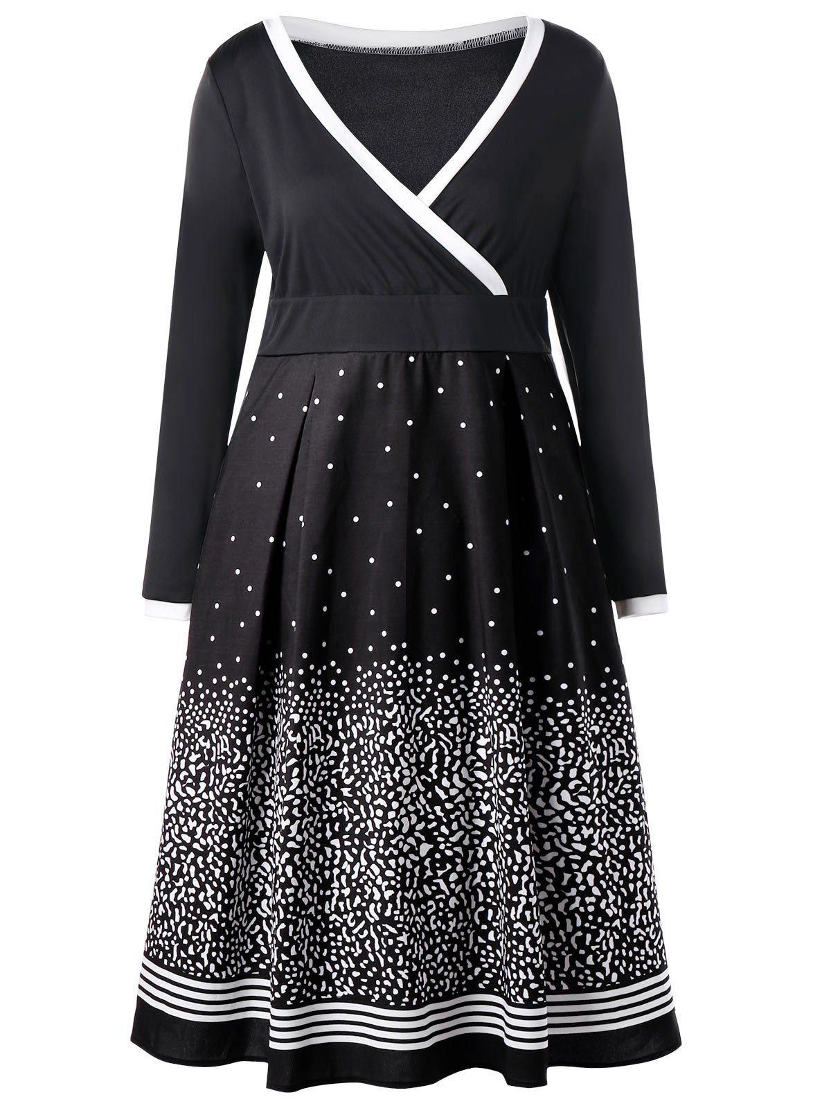 

Plus Size Dot Print Long Sleeve Surplice Dress, Black