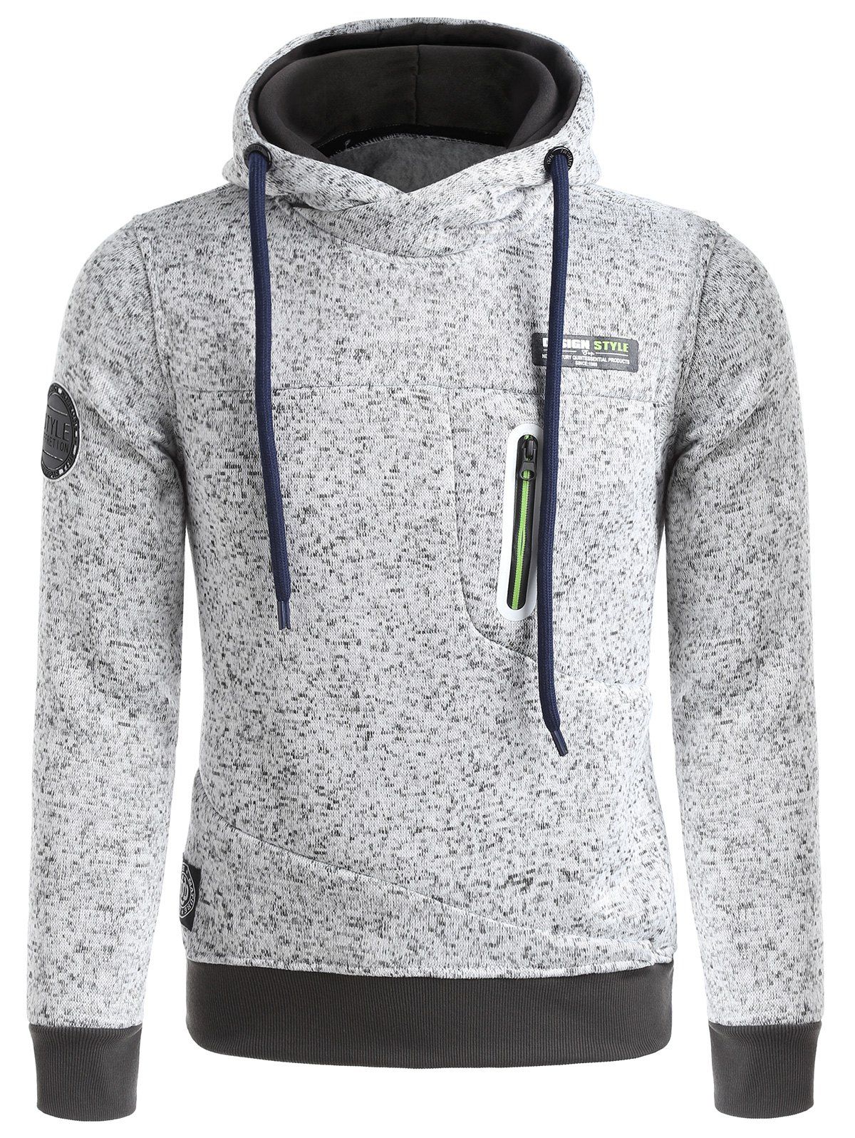 

Zip Insert Patched Funnel Neck Hoodie, Light gray