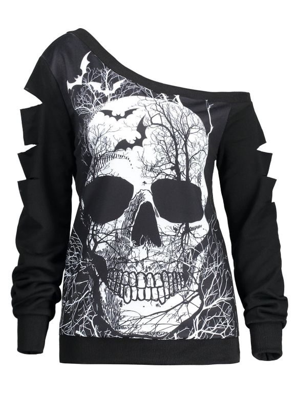 Sweatshirt à Col Oblique et Partie Déchirée Imprimé Crâne d'Halloween - Noir 2XL