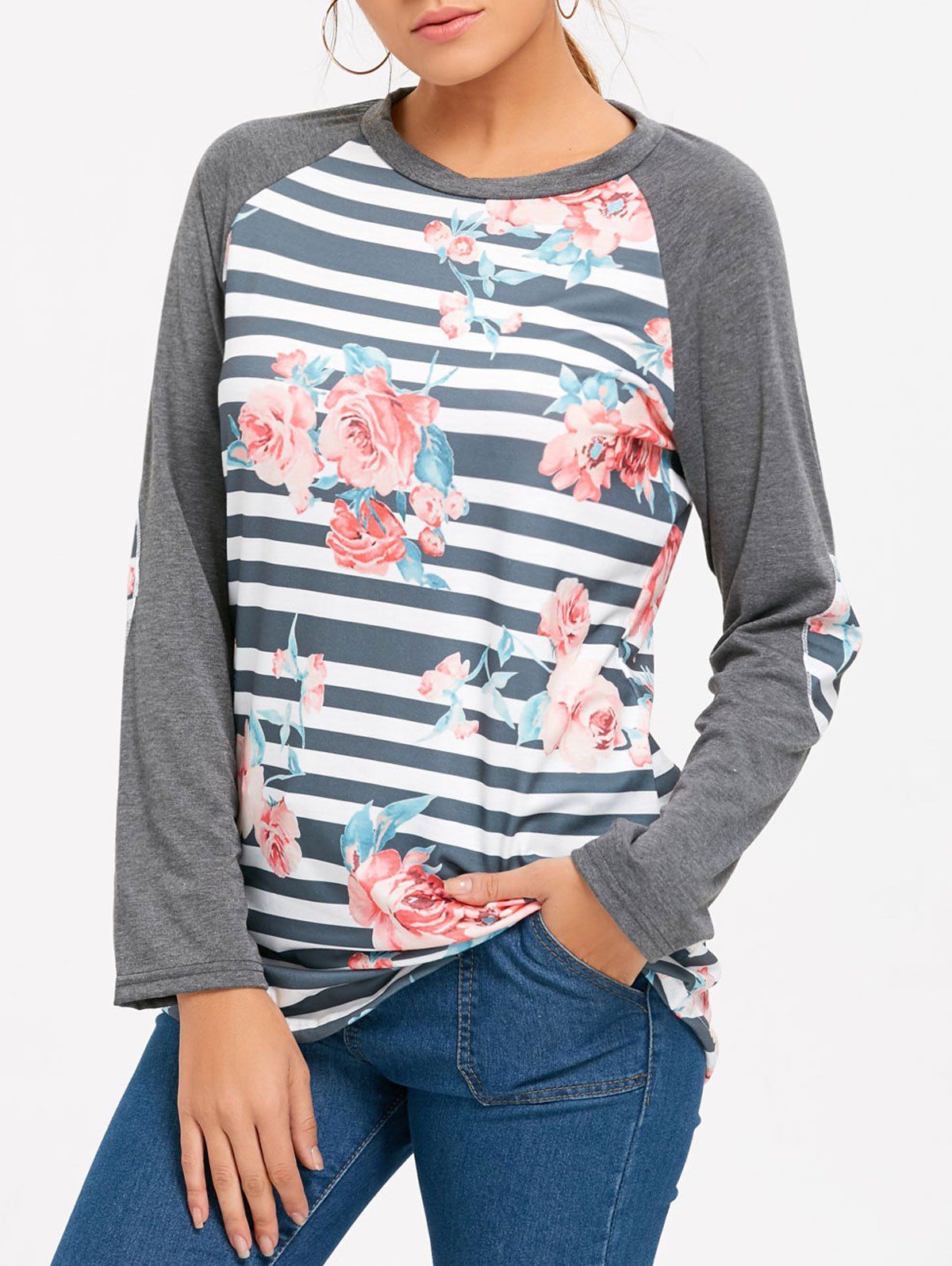 

Floral Striped Raglan Sleeve Top, Deep gray