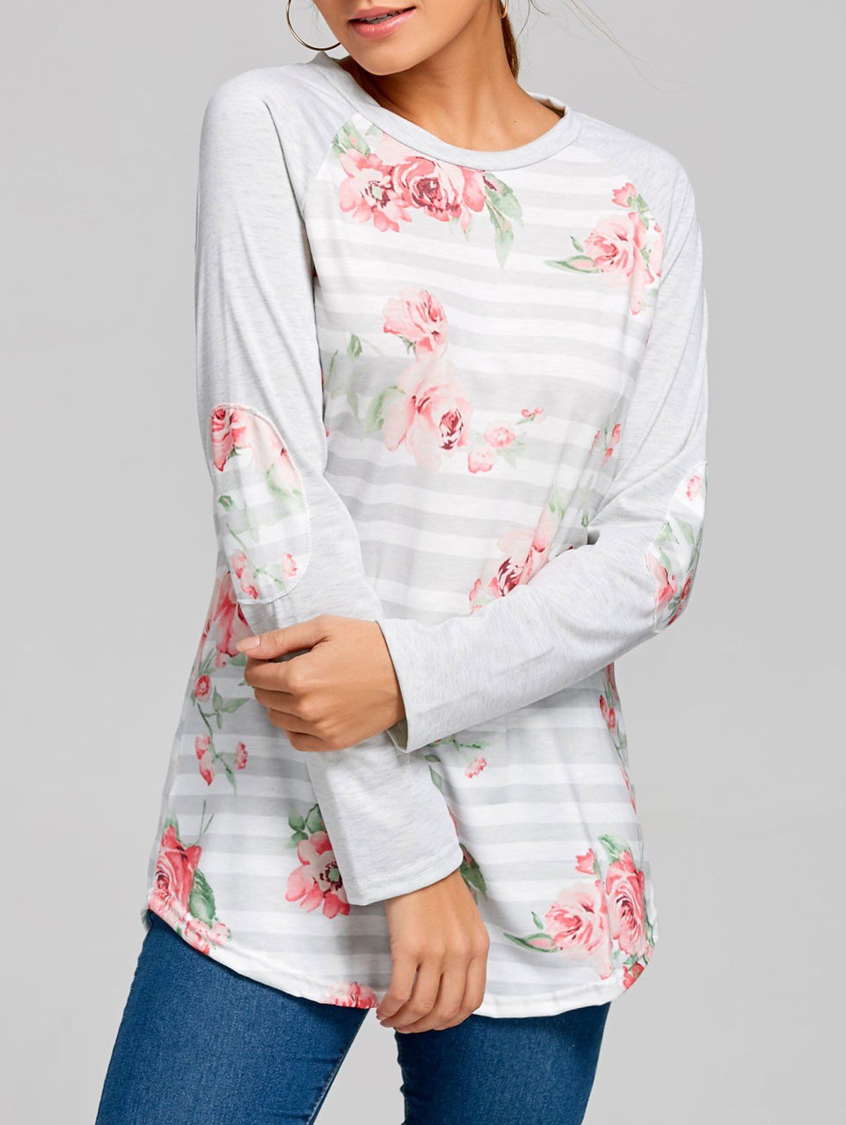 

Floral Striped Raglan Sleeve Top, Light gray