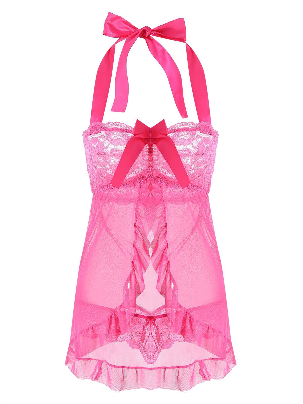 

Mesh Split Babydoll with Ruffles, Water red