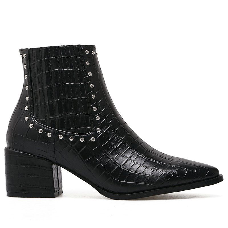

Stone Pattern Pointed Toe Rivets Boots, Black