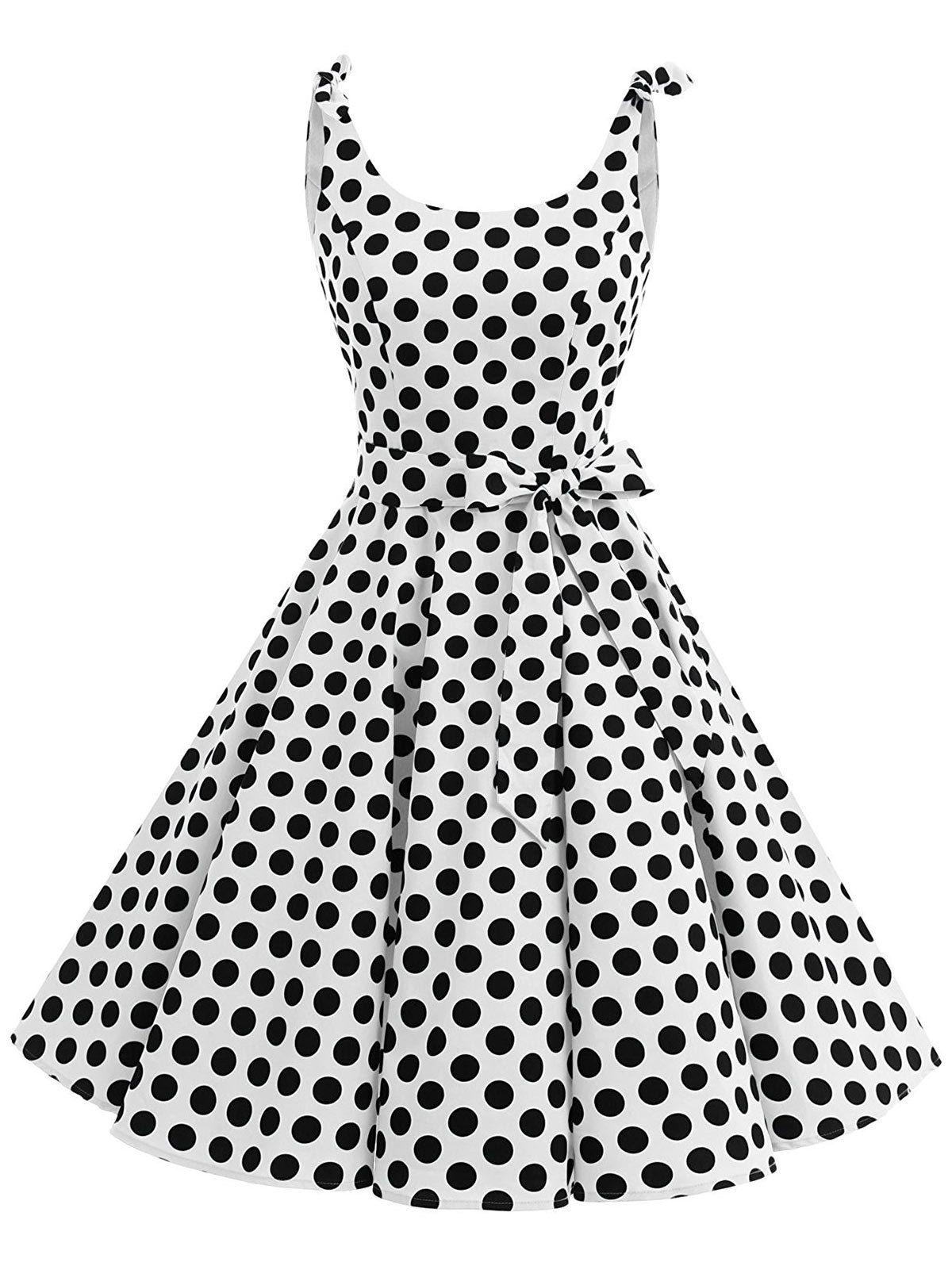 Polka Dot Bowknot Belted Vintage Dress - WHITE S