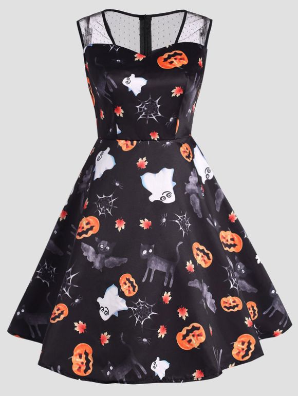 Robe Grande Taille Imprimé Citrouille et Fantôme Halloween - Noir 3XL