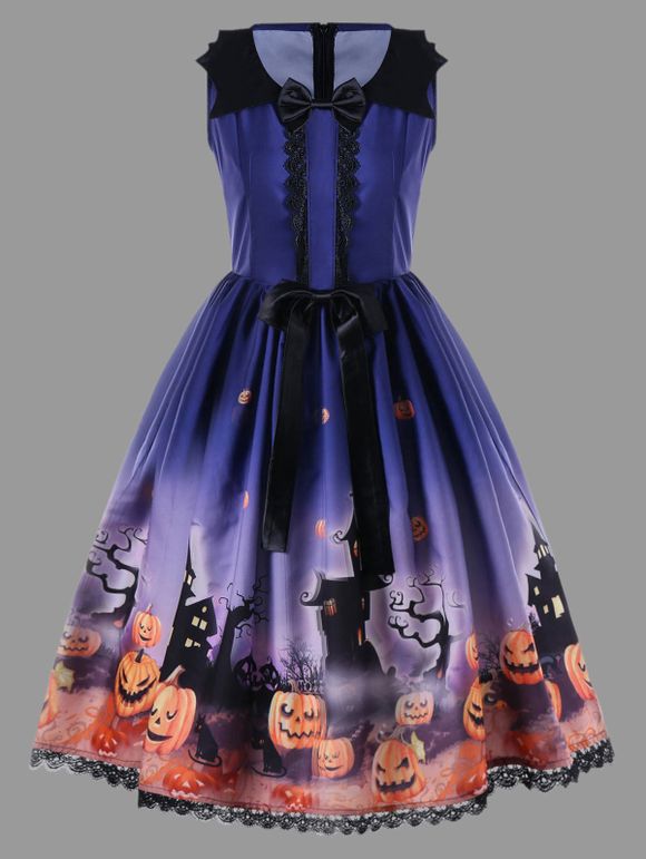 Robe Halloween Grande Taille Swing Vintage à Noeud Papillon Orné - Bleu 2XL