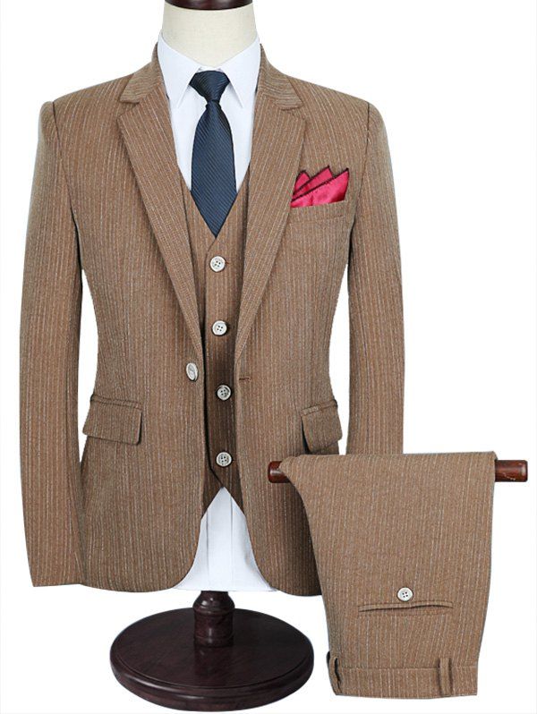 

Slim Fit Vertical Stripe Three Piece Business Suit, Brown