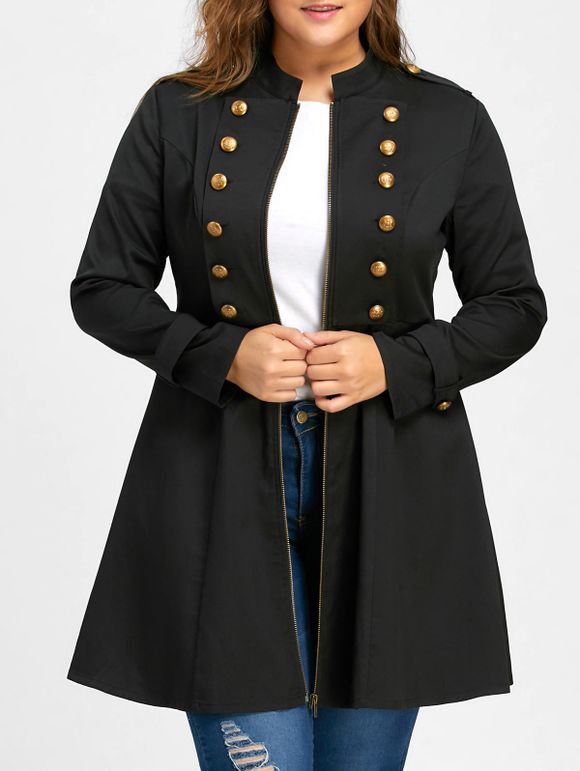 Manteau Évasé avec Épaulette et Double Boutonnage Grande Taille - Noir 2XL
