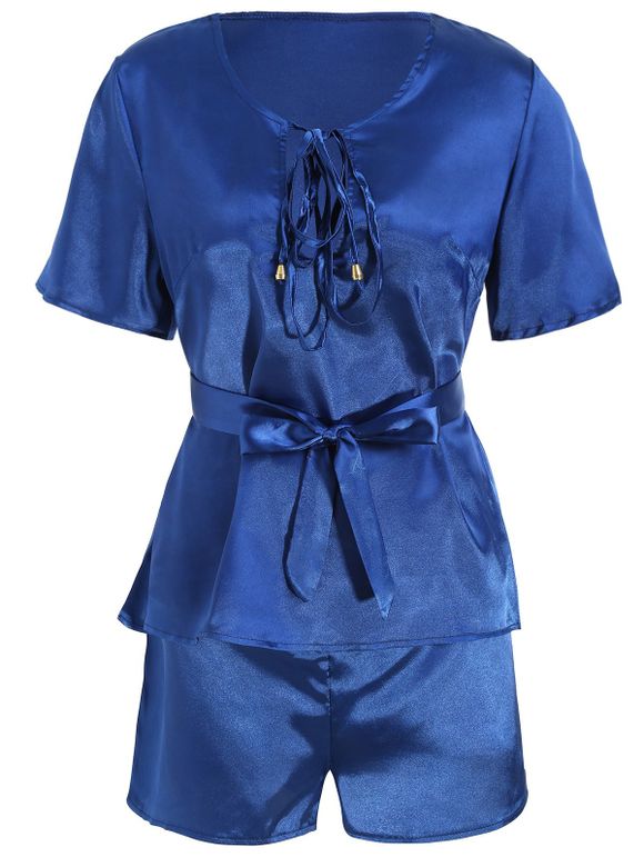Plunge Top avec Shorts Costume en pyjama en satin - Bleu profond S