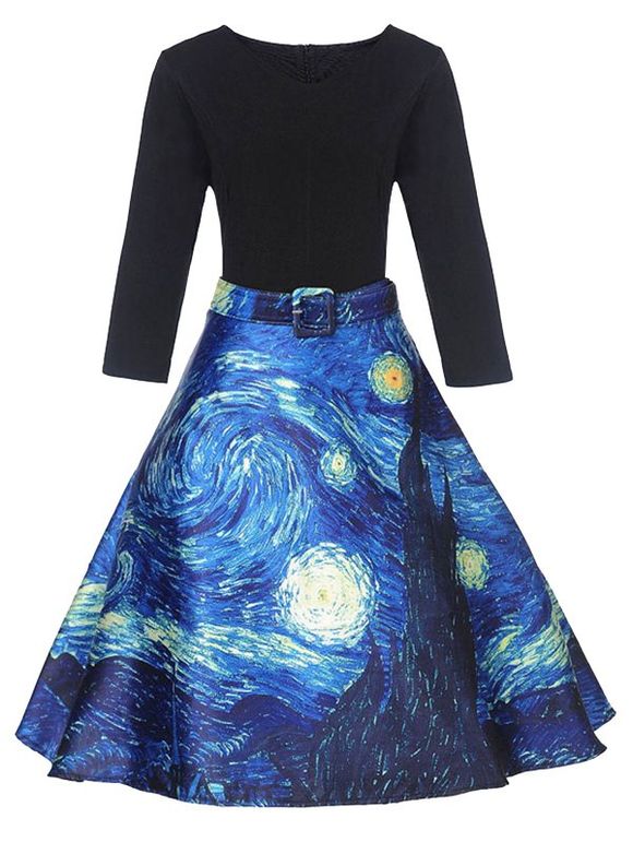 Robe Vintage Évasée Imprimé Peinture de Van Gogh - Noir XL
