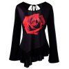T-shirt Imprimé à Rose 3D Dos à Lacets Manches Cloches - Noir 2XL