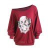 T-shirt Grande Taille Imprimé Rose Crâne Halloweenà Épaules Dénudées - Rouge vineux 2XL