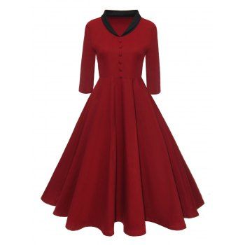 [17% OFF] 2023 Vintage A Line V-neck Half Button Dress In RED | DressLily