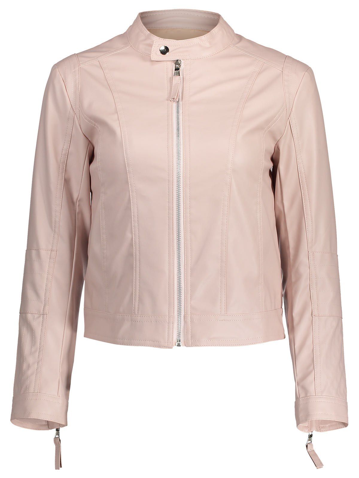 

Zipper Fly Faux Leather Biker Jacket, Pink