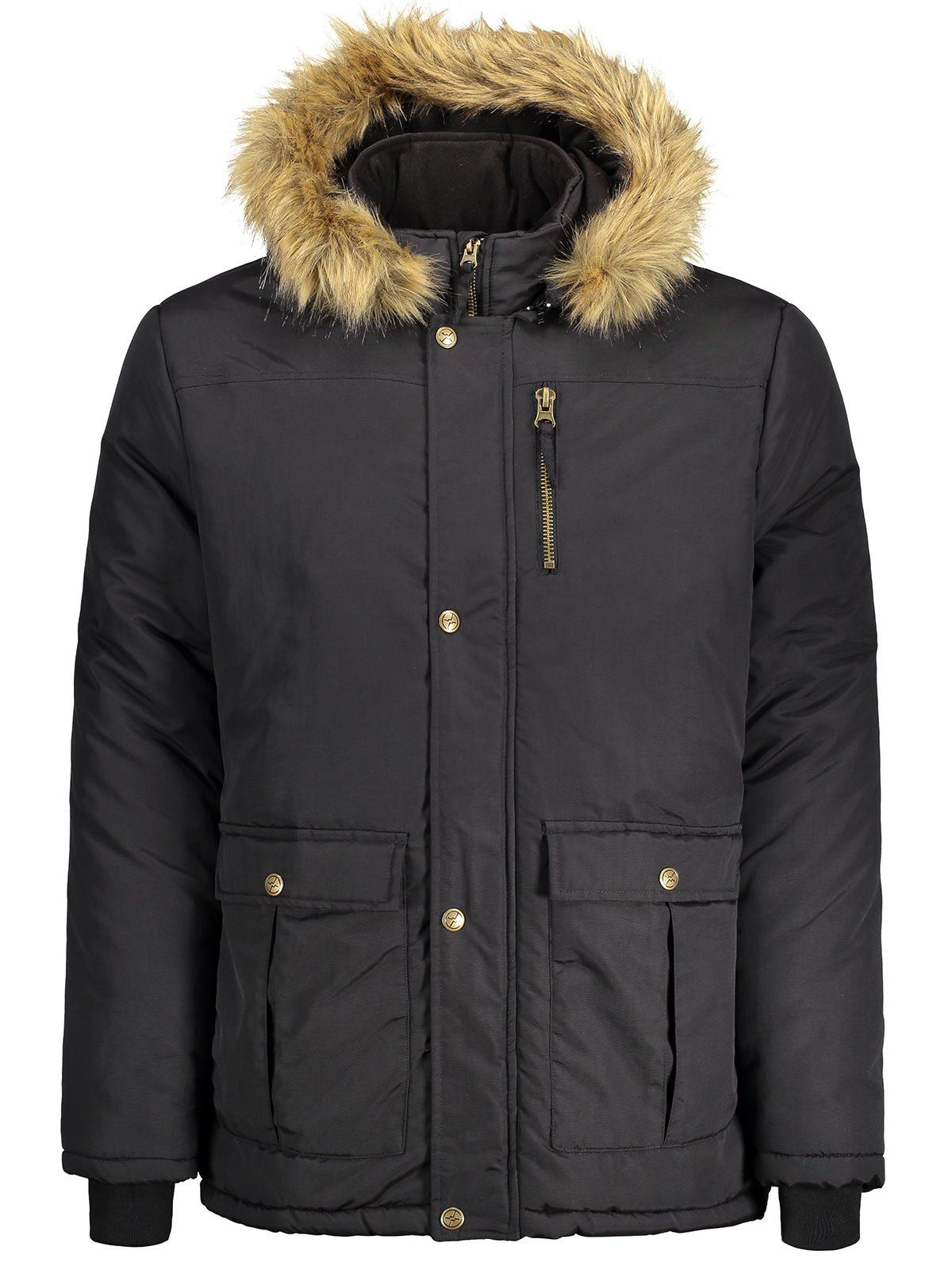 

Faux Fur Collar Hooded Zip Up Coat, Black