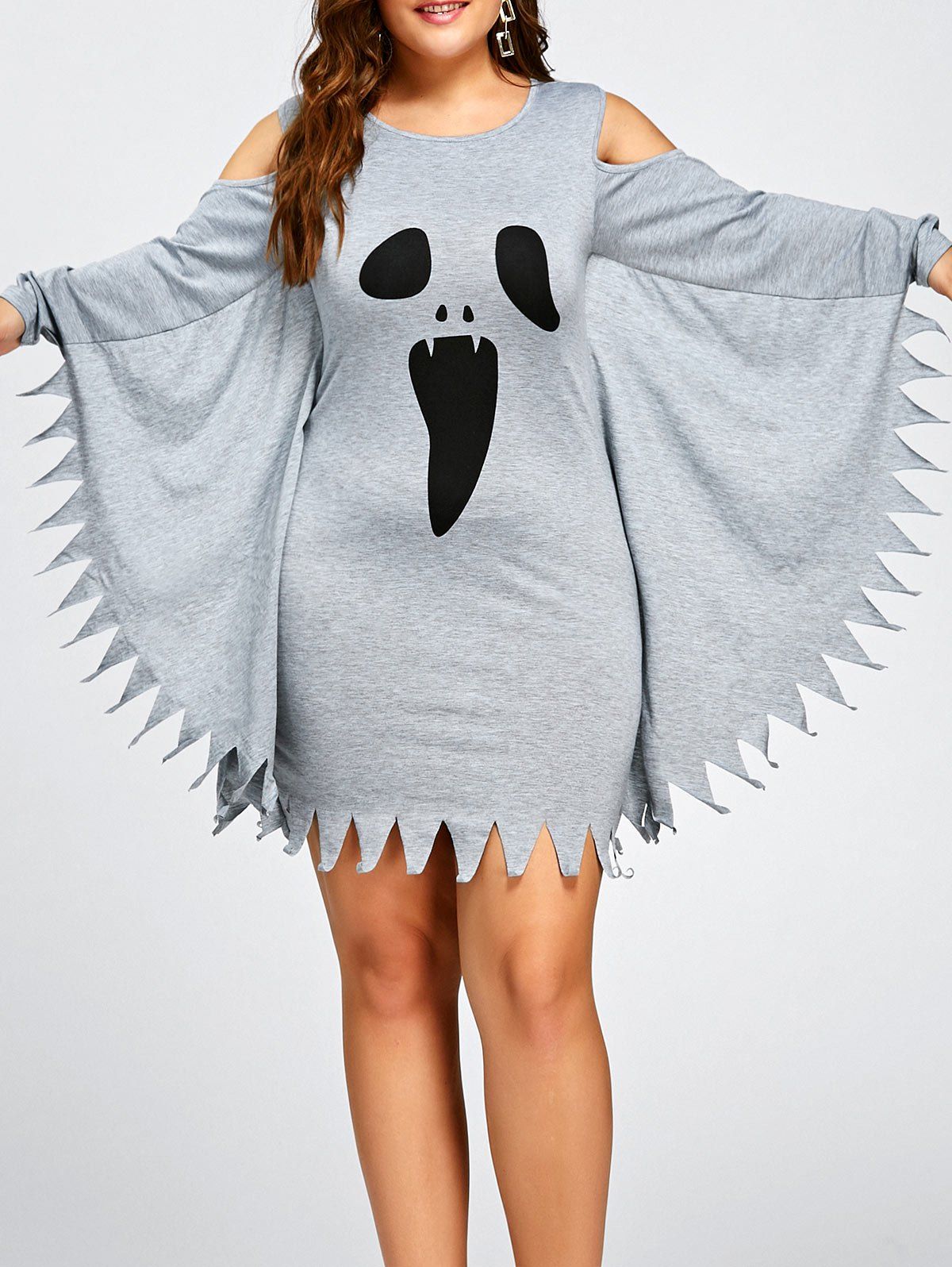 

Halloween Plus Size Ghost Print Bat Wing Dress, Gray