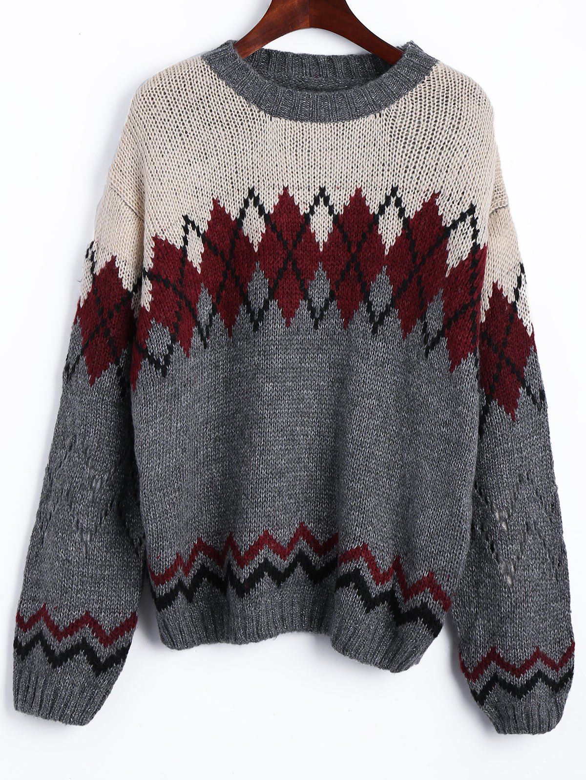

Drop Shoulder Geometric Jacquard Jumper Sweater, Colormix