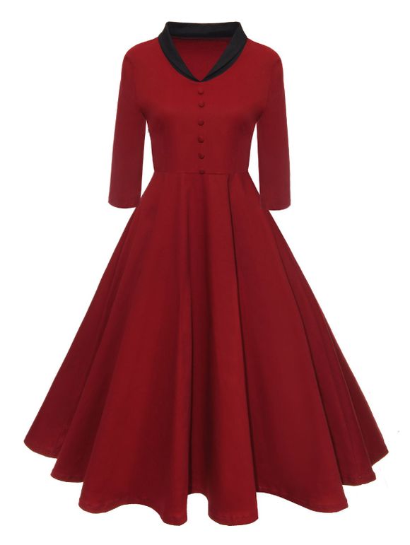 Robe Vintage Trapèze avec Col en V avec Boutons sur le Partie Supérieure Avant - Rouge XL