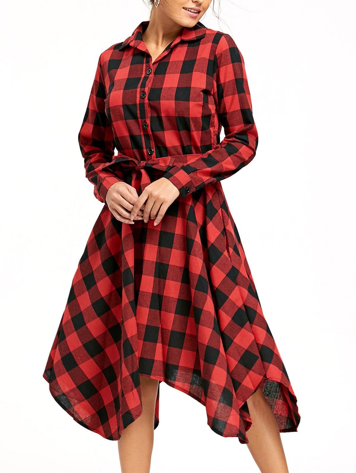 [17% OFF] 2021 Plaid Long Sleeve Asymmetric Shirt Dress In RED | DressLily