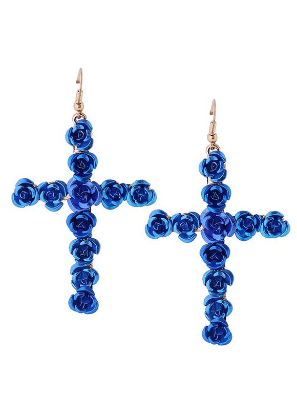 Boucles d'Oreilles Crochets avec Pendentif Croix en Roses - Bleu 