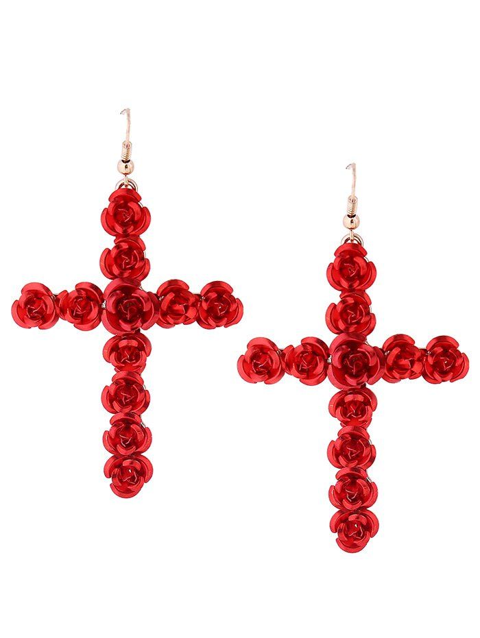 

Rose Cross Pendant Fish Hook Earrings, Red